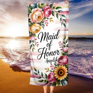 Serviette De Plage Demoiselle d'Honneur Fleurs à Rayures Roses Cortèg