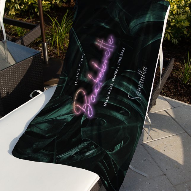 Serviette De Plage Demoiselle d'honneur Palmiers Néon | Monogramme (Créateur téléchargé)