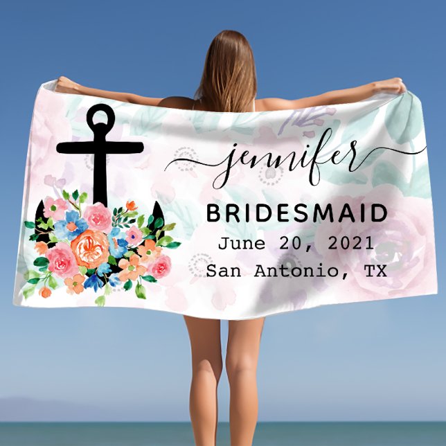 Serviette De Plage Demoiselle d'honneur personnalisée à l'ancre flora (Personalized Floral Anchor Bachelorette Bridesmaid Beach Towel)