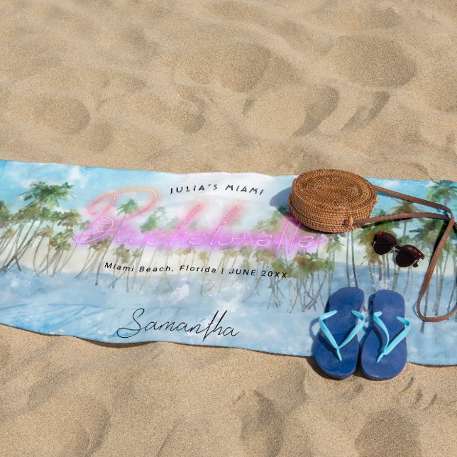 Serviette De Plage Demoiselle Tropical Palms Neon | Monogram (Créateur téléchargé)