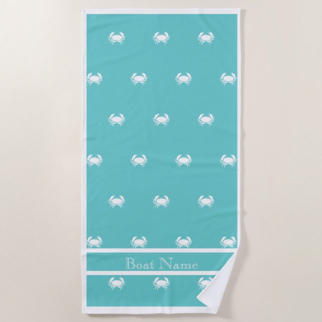 Serviette De Plage Design nautique avec crabe blanc sur bleu Turquois (Devant)