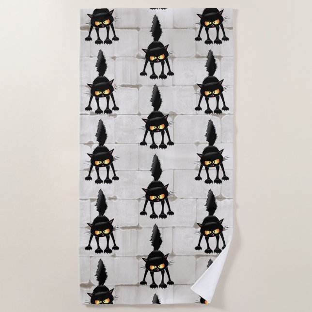 Serviette De Plage Dessin animé de chat noir drôle et féroce  (Devant)