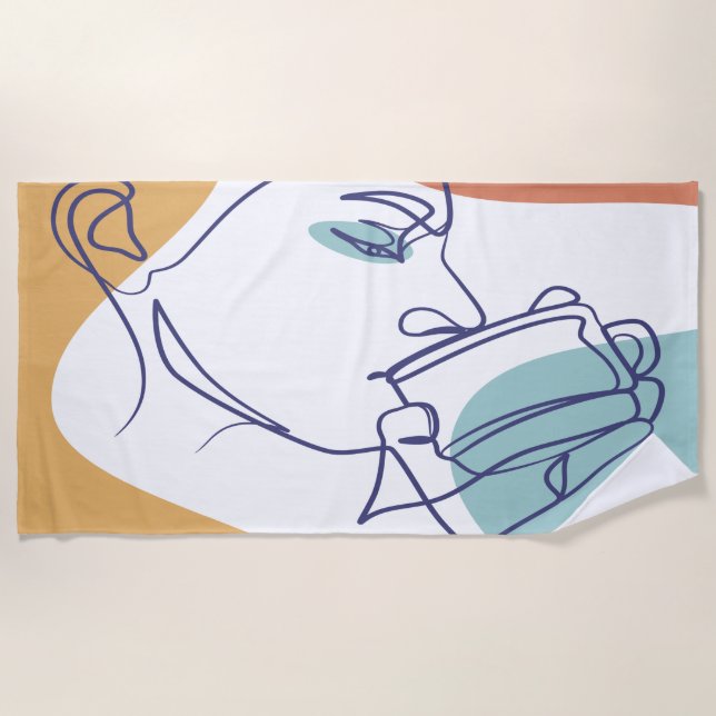 Serviette De Plage dessin d'art affiche d'une femme buvant du café (Devant)