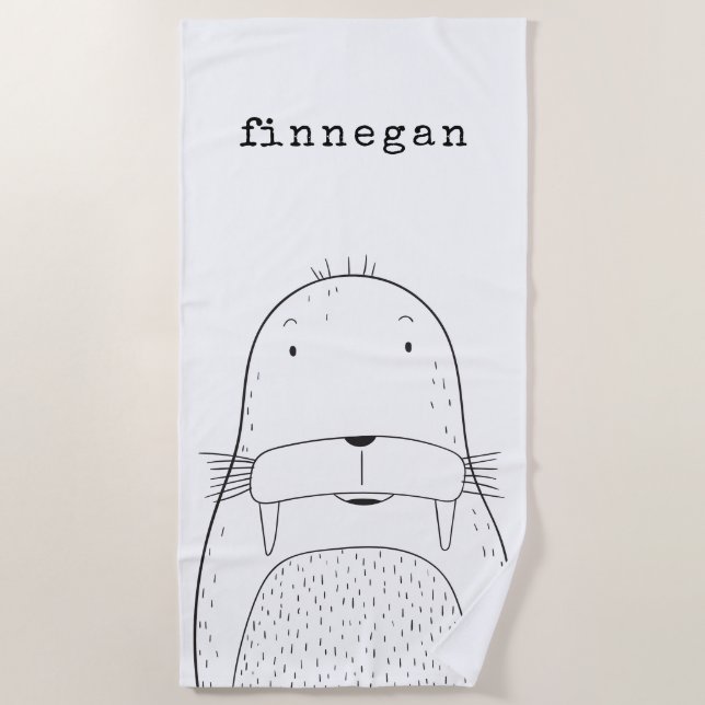 Serviette De Plage Dessin d'art de la ligne Walrus Cute Nom personnal (Devant)