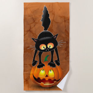 Serviette De Plage Dessin d'Halloween au chat effrayé sur Citrouille