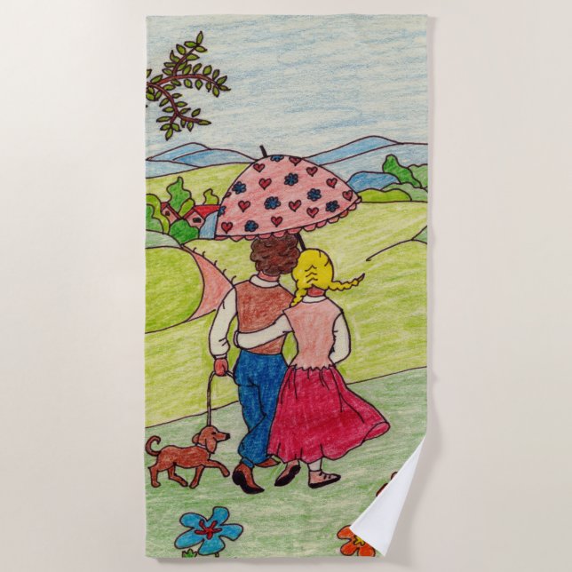 Serviette De Plage Dessin mignon - amoureux au printemps (Devant)