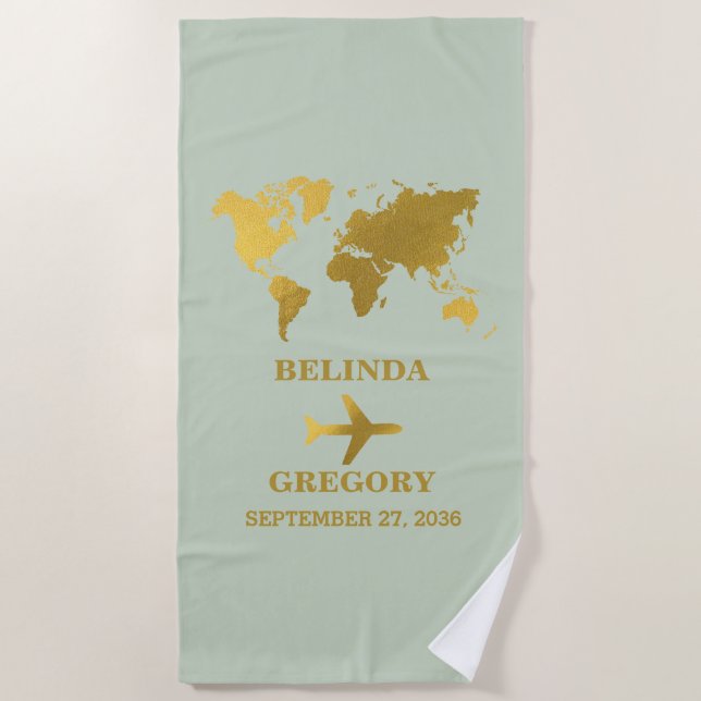 Serviette De Plage Destination Mariage Monde Passport Sage Vert Or (Devant)