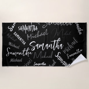 Serviette De Plage Deux noms couple motif monogramme noir gris blanc