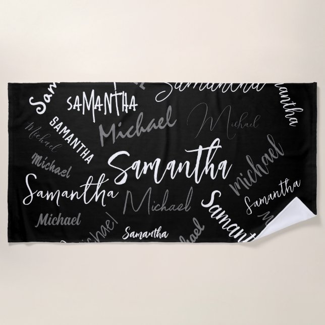 Serviette De Plage Deux noms couple motif monogramme noir gris blanc (Devant)