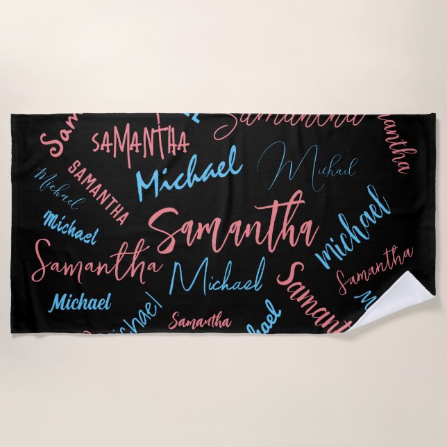 Serviette De Plage Deux noms couples motif monogramme bleu rose clair (Devant)