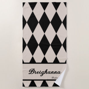 Serviette De Plage Diamant personnalisé À damiers noir + beige