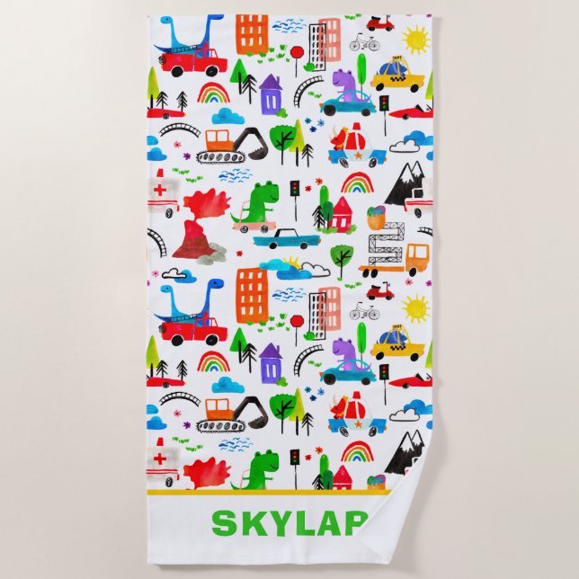 Serviette De Plage Dinosaur Watercolor Ville occupée Personnalisée (Devant)