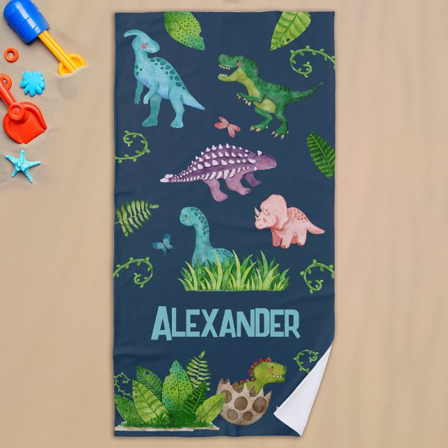 Serviette De Plage Dinosaure aquarelle avec nom enfant (Créateur téléchargé)