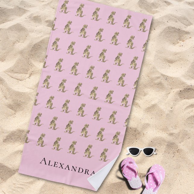 Serviette De Plage Dinosaure de nom de fille personnalisée (Personalized girl monogram name Jurassic dinosaur pattern pink beach towel Prehistoric T-Rex dino )