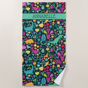 Serviette De Plage Dinosaure Floral Folk Silhouettes Belles Filles