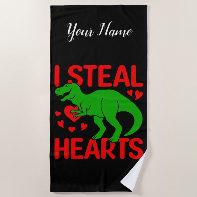 Serviette De Plage Dinosaure Vert Valentine I Voler Coeurs (Devant)