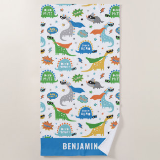 Serviette De Plage Dinosaures avec nom dans les couleurs vives