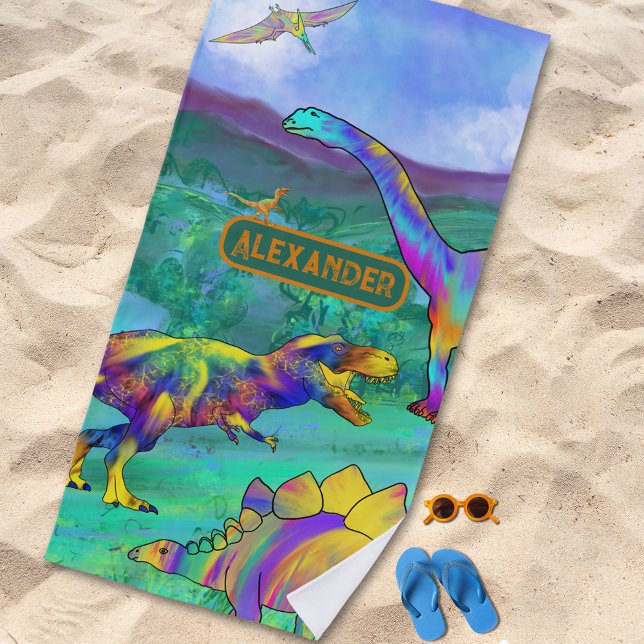 Serviette De Plage Dinosaures colorés Nom du paysage jurassique (Colorful dinosaurs Jurassic landscape custon name beach towel for dino loving kids)