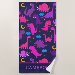 Serviette De Plage Dinosaures De Nuit Pink Purple Girls Personnalisée