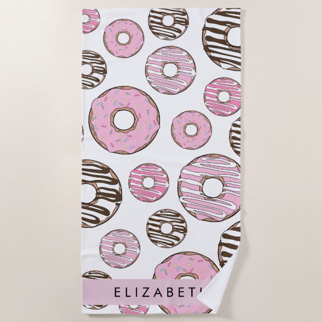 Serviette De Plage Donuts Roses, Donuts Blancs, Sprinkings, Votre Nom (Devant)