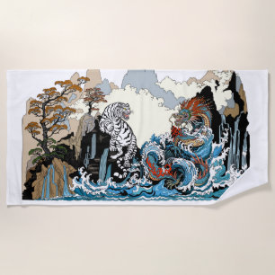 Serviette De Plage Dragon d'azur et Tigre blanc. Illustration