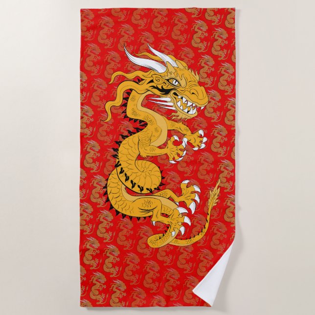 Serviette De Plage Dragon d'or sur Red Beach Towel (Devant)