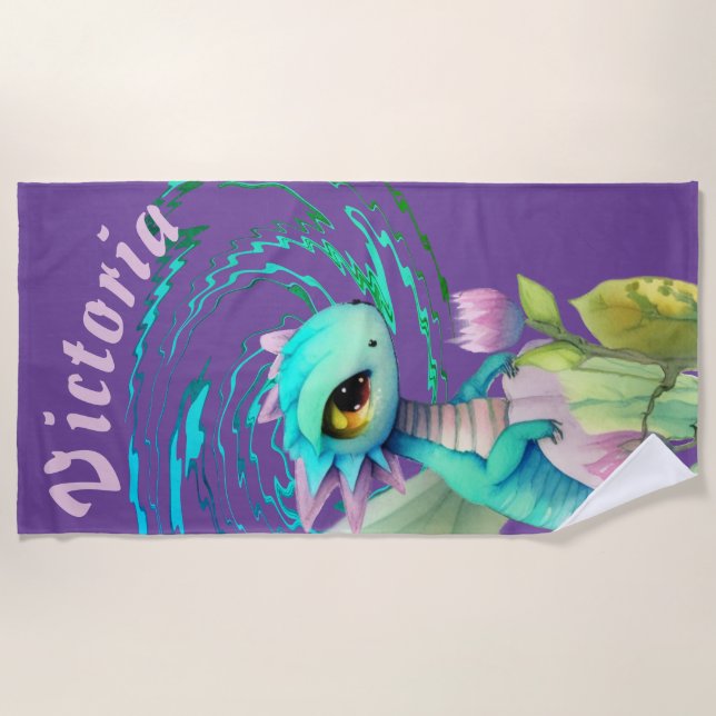 Serviette De Plage Dragon mignon Imaginaire avec dessin à fleurs (Devant)