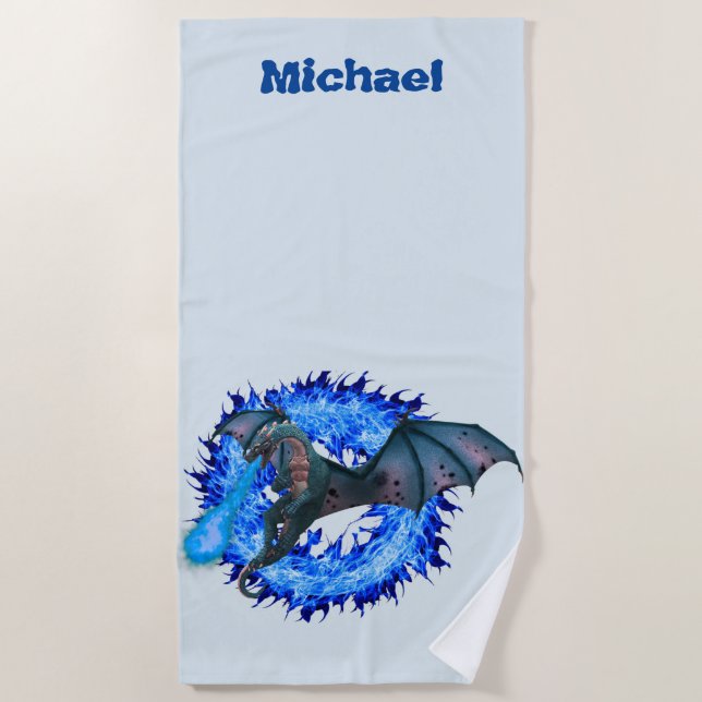 Serviette De Plage Dragon Personnalisé Respirant des Flammes Bleues (Devant)