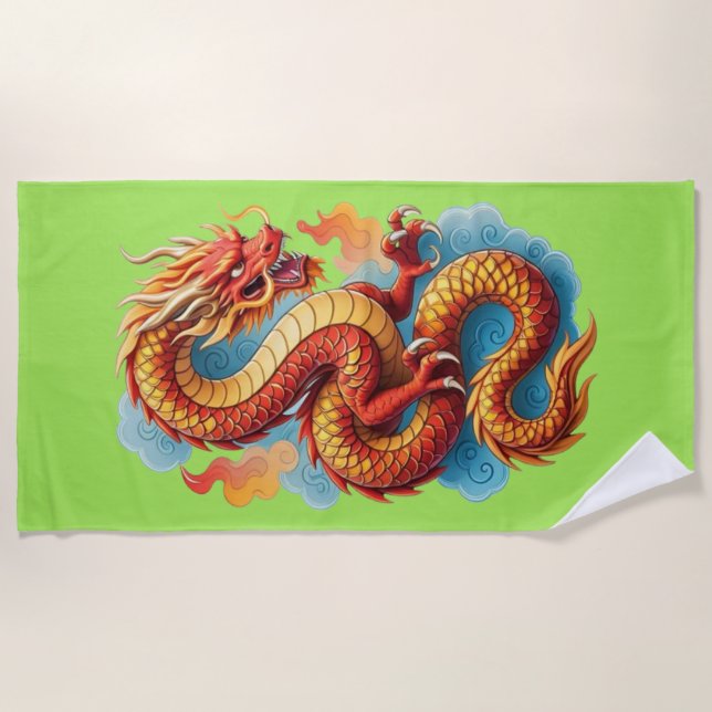 Serviette De Plage Dragon Rouge Chinois Illustration Fougueuse-67561 (Devant)