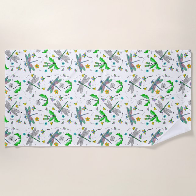 Serviette De Plage Dragonflies Whimsical et Dandelions main tiré (Devant)