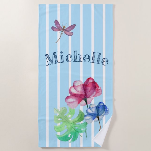 Serviette De Plage Dragonfly Et Floral Aquarelle Laver Avec Des Rayur (Devant)