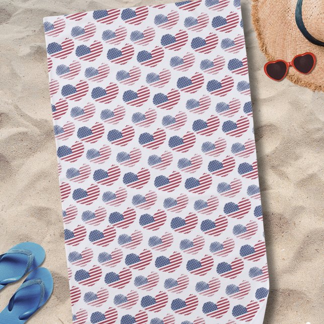 Serviette De Plage Drapeau américain rouge blanc bleu patriotique (Cute Patriotic American Flag Rustic Heart Pattern Beach Towel)
