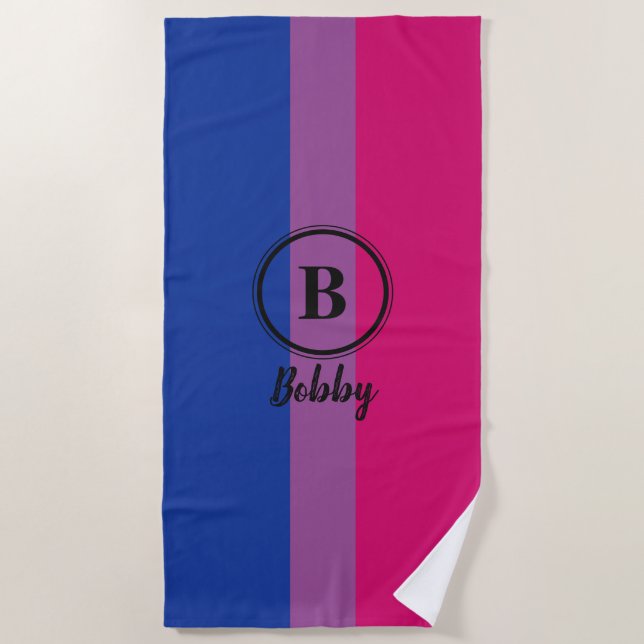 Serviette De Plage Drapeau de fierté bisexuel noir monogramme personn (Devant)