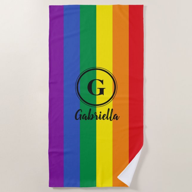 Serviette De Plage Drapeau Gay pride arc-en-ciel LGBT Noir Monogramme (Devant)