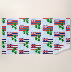 Serviette De Plage Drapeau Hawaii et tortues de mer vertes Floral