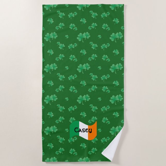 Serviette De Plage Drapeau irlandais avec Shamrock Personnalisé (Devant)