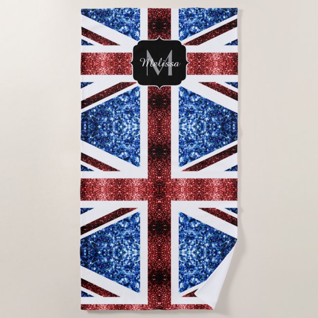Serviette De Plage Drapeau rouge et bleu parties scintillant Monogram (Devant)