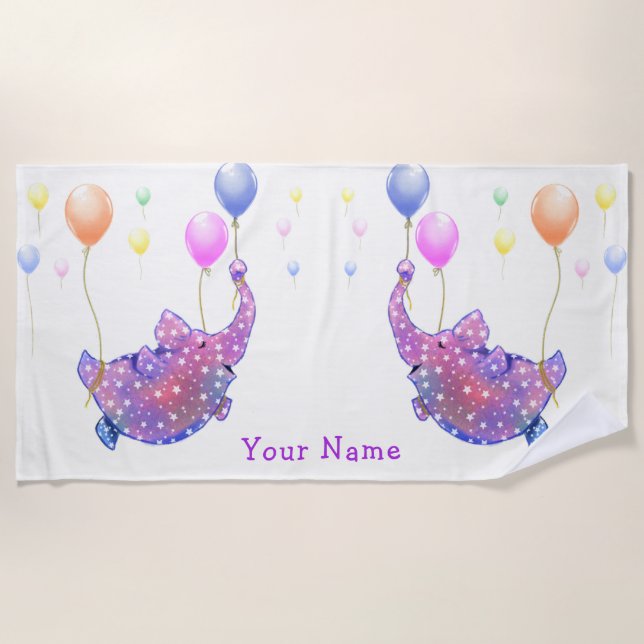 Serviette de plage drôle éléphant volant Nom Texte (Devant)
