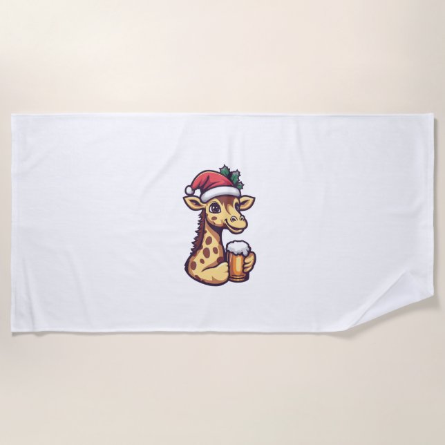 Serviette De Plage Drôle Giraffe de Noël avec bande dessinée de bière (Devant)