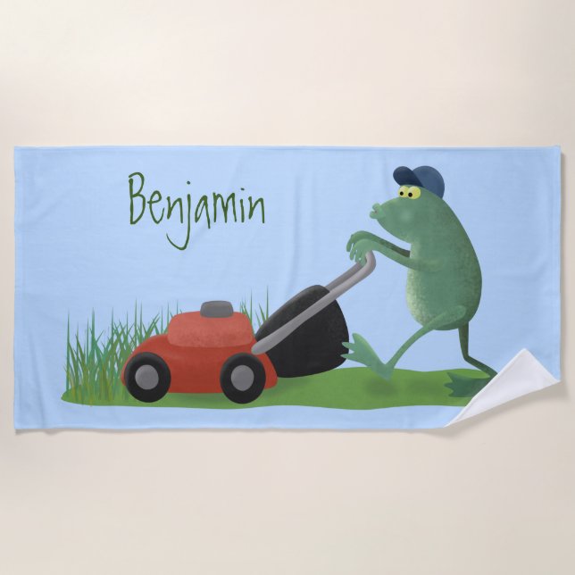 Serviette De Plage Drôle grenouille verte tondre la pelouse dessin (Devant)