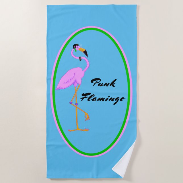 Serviette De Plage Drôle Punk Flamant rose rose sur Turquoise (Devant)