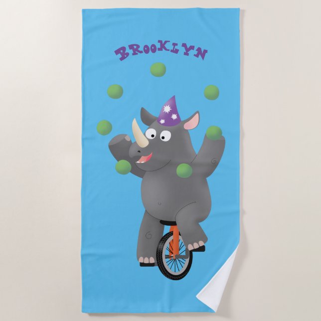 Serviette De Plage Drôle rhinocéros mignon jonglant sur monocycle (Devant)