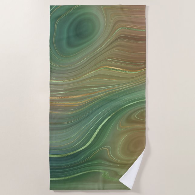 Serviette De Plage Earthy Emerald Strata | Agate d'encre verte et dor (Devant)