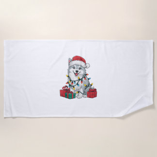 Serviette De Plage Éclairage de Noël chapeau américain Esquimau Chien