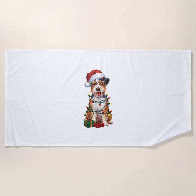 Serviette De Plage Éclairage de Noël chapeau australien Terrier Chien (Devant)