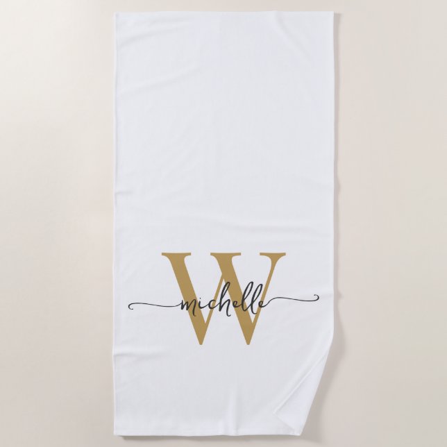 Serviette De Plage Écriture de nom de monogramme en or blanc moderne  (Devant)