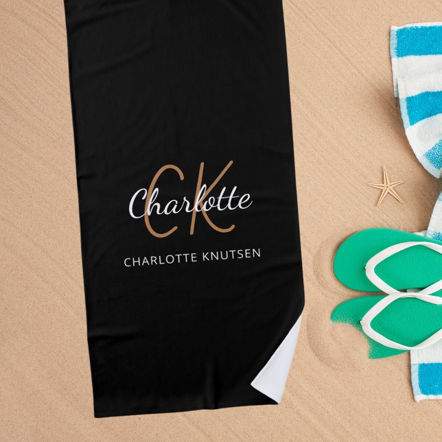 Serviette De Plage Écriture de nom du monogramme en or noir (Créateur téléchargé)