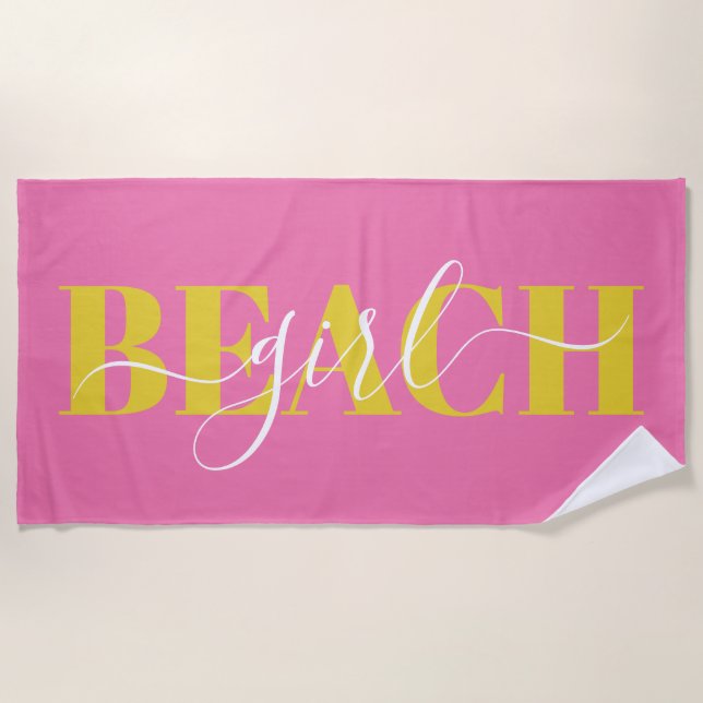 Serviette De Plage Écriture de typographie moderne rose jaune plage c (Devant)