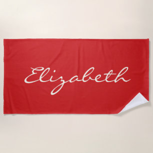 Serviette De Plage Écriture manuscrite rouge élégante Nom