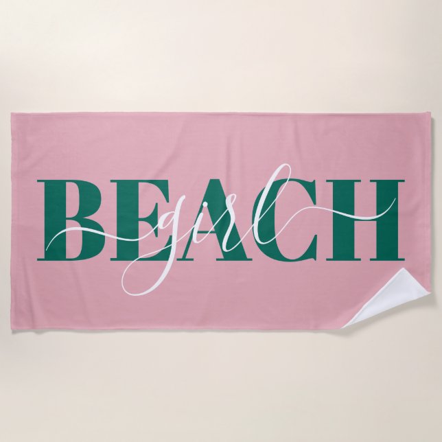 Serviette De Plage Écriture typographique moderne rose vert plage cit (Devant)